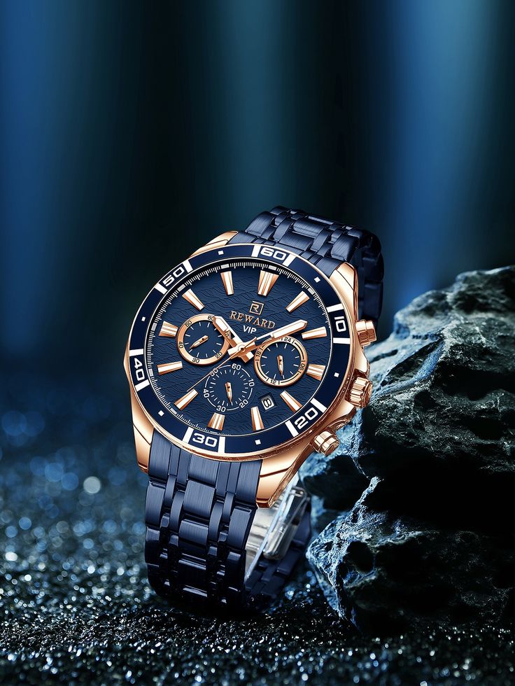 Luxury Chronograph Men’s Watch with Rose Gold Case & Blue Dial