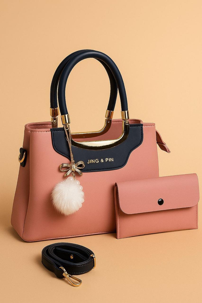 Luxury Pink Structured Handbag Set with Wallet & Shoulder Strap