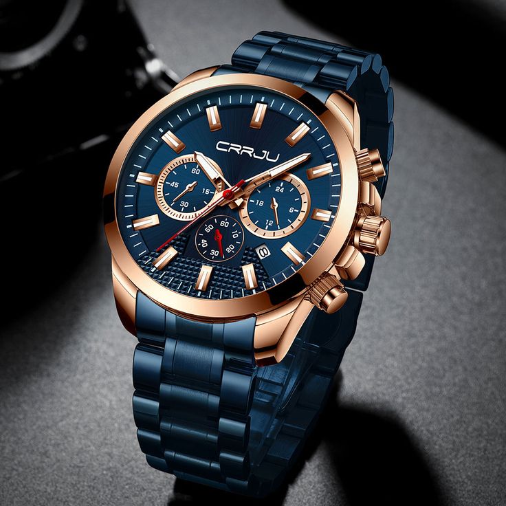 CRRJU Luxury Blue Chronograph Men’s Watch – Rose Gold Stainless Steel