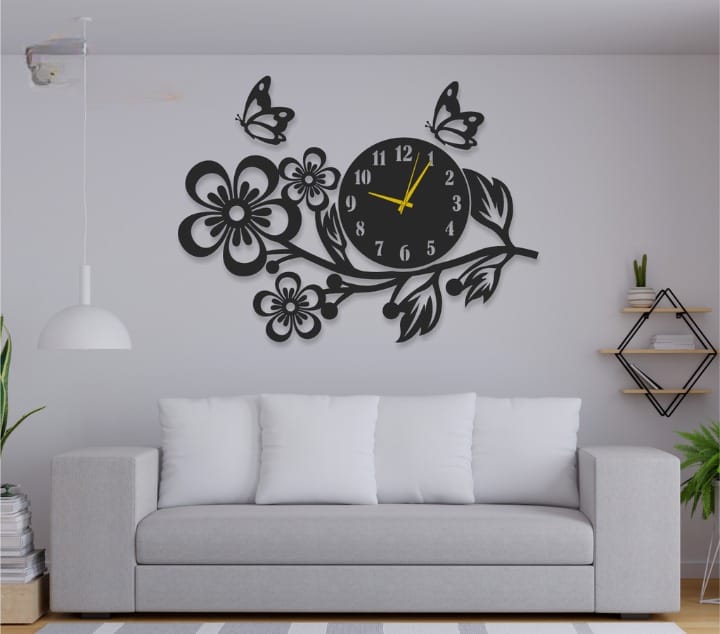 Elegant Floral Wall Clock with Butterfly Design – Modern Home Décor Art