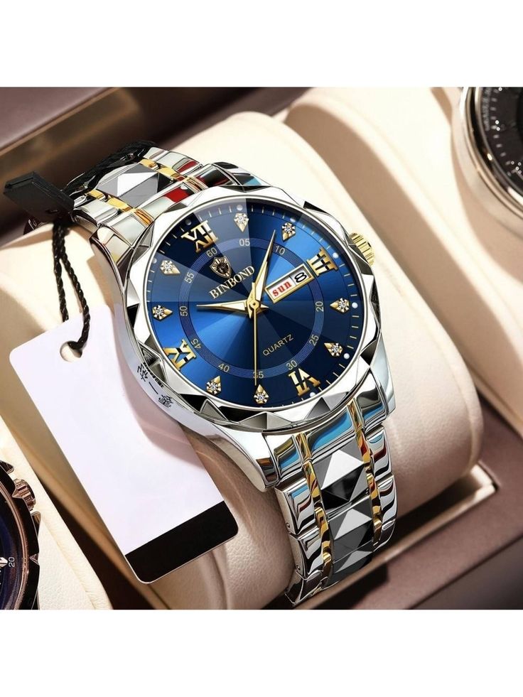 Luxury Stainless Steel Men’s Quartz Watch with Blue Dial & Date Display